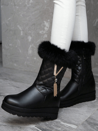 Metallic Pendant Trimmed Thick Thermal Lined Casual Fashion Mid-Calf Height Snow Boots, Must-Have For Warm Winter