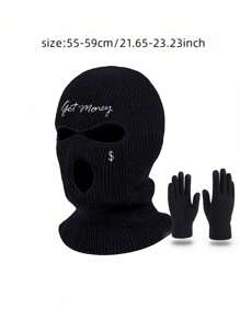 2pcs/1pc Unisex Embroidered Balaclava Neck Warmer Hat And Knit Glove Set, Suitable For Autumn/Winter Outdoor Travel, Skiing, Cycling, Hiking Beanie Fall Outfit