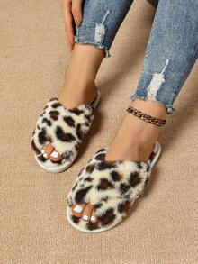女士豹纹毛绒平底拖鞋，手工时尚，适合秋冬季 - 豹紋 - 查看 2