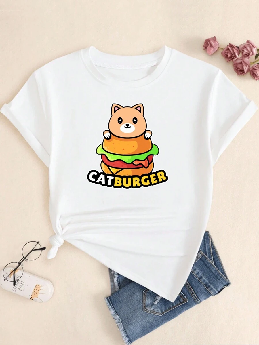 Catburger Printed T-Shirt For Women Comfort Short Sleeve Streetwear - 白色 - 查看 1