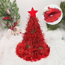 5pcs/Set Colorful Tinsel Pom Pom Santa Hats, Christmas Tree Shaped Creative Design In Green, Silver, Red, Vibrant Colors For Holiday Atmosphere & Photo Props