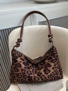大容量女士豹纹复古顶部提手包，高端通勤办公室手提单肩斜挎包 - 棕色 - 查看 2