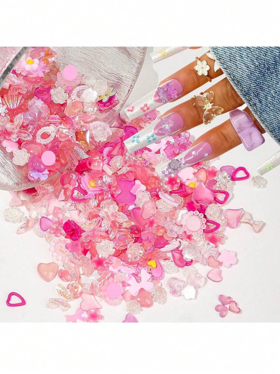1 包 3D 可爱混合蝴蝶结、花朵、星星和月亮等模型混合树脂美甲首饰、指甲装饰 DIY 配件用品美甲首饰指甲 - 彩色 - 查看 1