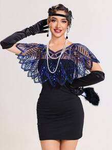 1 件 20 世纪 20 年代复古亮片串珠披肩、优雅欧美风格披肩、正式派对斗篷、婚礼配饰 - 寶藍色 - 查看 1