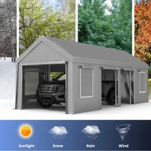 13x25FT Carport Canopy -Reinforced Steel Pole Heavy Duty Garage-Heavy Duty Waterproof Portable Garage 6 Roll-Up Doors & 4 Windows All-Season Carport For Car Truck Boat Storage,Grey/White/EarthyYellow - 銀灰 - 查看 6