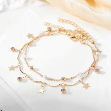 1 pieza Tobillera de acero inoxidable chapada en oro de 18K con diseño de estrella de cinco puntas de doble capa y adornada con perla, diseño minimalista para mujer, adecuado para fiestas, citas y trabajo