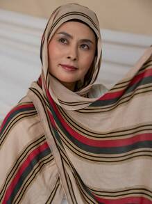 1 chiếc khăn trùm đầu in họa tiết sọc phong cách Boho dành cho nữ, mẫu khăn trùm đầu mặc thường ngày, thích hợp để mặc hàng ngày vào mùa thu - Màu be - Xem 4