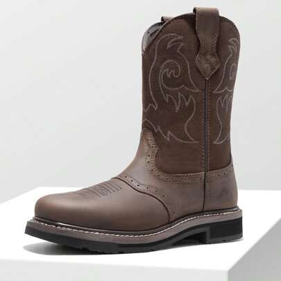 Men's Steel Toe Cowboy Boots: Western Square Toe Leather Work Boots With Hazard Protection For Construction And Farming
