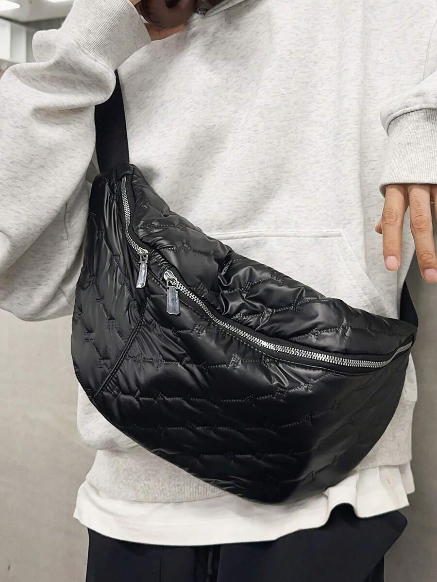 New Embroidered Solid Color Chest Pack, Waist Pack, Crossbody Bag, Women Large Handbag Set, Casual Autumn/Winter - Black - View 1