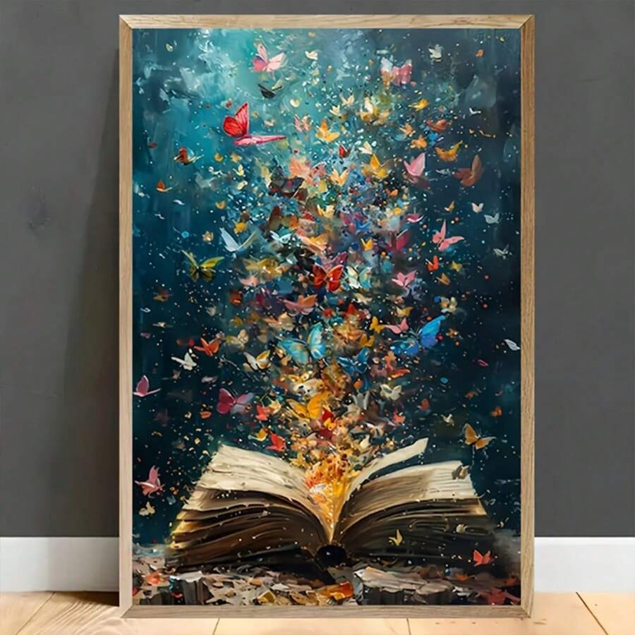 1 件，帆布悬挂海报，实木框架画，书页上的蝴蝶爆炸 - 抽象油画艺术印刷品，客厅、卧室、家庭办公室墙壁装饰 - 现代阅读主题，可直接悬挂 - 彩色 - 查看 1