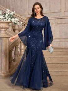 MIUSOL Vestido formal de fiesta elegante con mangas de malla con mariposa, encaje y lentejuelas florales. Vestido de gala digno adecuado para invitados de boda, ceremonia de graduación, banquete y otras ocasiones - Azul Marino - Ver 7
