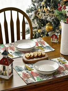 Watercolor Pine Tree Merry Christmas Linen Placemats And Table Runner Set, 12"X18" Placemats & 13"X72" Table Runner, Christmas Holiday Farmhouse Kitchen Dining Table Decor For Party, Gathering, Home - Multicolor - View 6