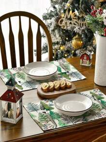 Watercolor Pine Tree Merry Christmas Linen Placemats And Table Runner Set, 12"X18" Placemats & 13"X72" Table Runner, Christmas Holiday Farmhouse Kitchen Dining Table Decor For Party, Gathering, Home - Multicolor - View 7