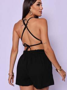 Short Set With Elastic And Cropped Bra In Plain Linen - 黑色 - 查看 2