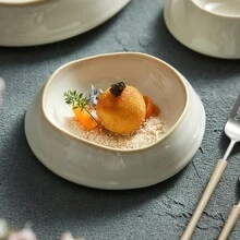 1pc Ceramic Dish, White Serving Bowl, Elegant Tableware For Dining, Modern Round Plate For Salads, Soups, Home & Restaurant Use