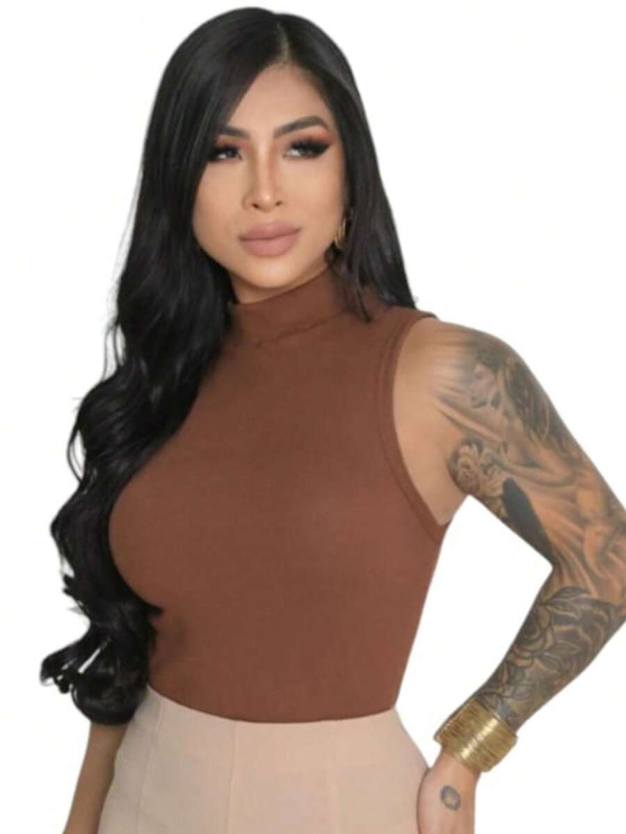 Basic Ribbed Turtleneck Tank Top - 鏽棕色 - 查看 1