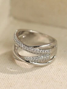 Gift Box Set High-End Cubic Zirconia Wrapped Line Silver Ring, Fashionable Jewelry For Women, Suitable For Wedding & Valentine's Day,Mom,Mother,Mother's Day,Gift - Silver - View 5