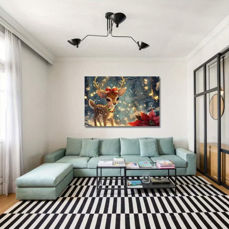 1 Pc Unique Wrapped Wooden Frame Canvas Poster, Christmas Reindeer Canvas Wall Art Poster Seasonal Deer With Bow And Holly Decoration, Festive Wall Decor For Home, Bedroom, Living Room, Bathroom, Hotel, Cafe, Office - 8*12inch/20*30cm có khung - Xem 1