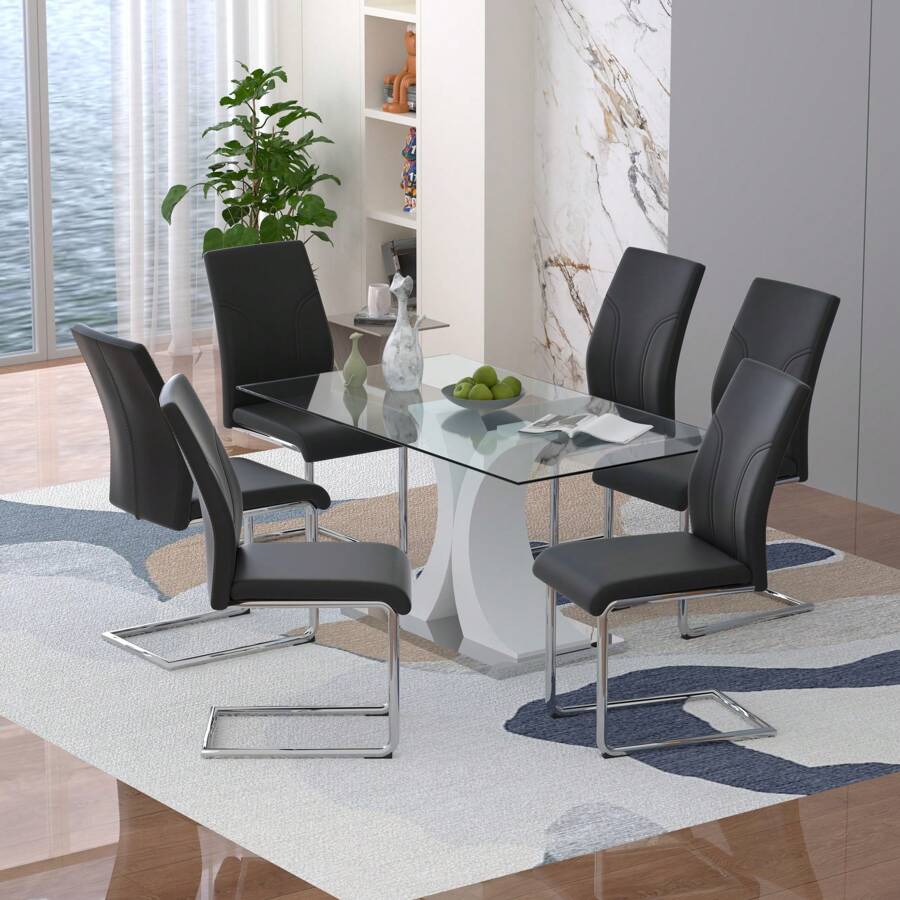 63" Modern Glass Dining Table With 6 PU Dining Chairs,Modern Glass Dining Table With 4 Black PU Dining Chairs - 白色桌子搭配 6 張黑色椅子 - 查看 1