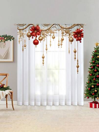 1 Stück Weihnachtsdekoration transparenter Vorhang mit Muster aus goldenen Blättern, roten Blumen und Glocken, waschbar, geeignet für Schlafzimmer, Büro, Küche, Wohnzimmer, Heimdekoration, 100g/㎡