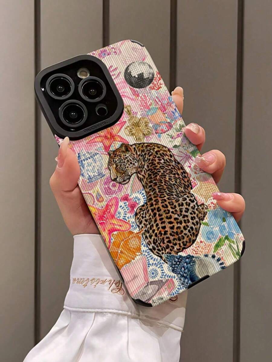 Apple Animal 1 件时尚豹纹印花与拼接图案仿皮柔软 3D 防震手机壳兼容 iPhone IPhone11/12/13/14/15/15 Plus/15 Pro/15pro Max/IPhone16/IPhone16 Plus/IPhone16 Pro Max - 彩色 - 查看 1