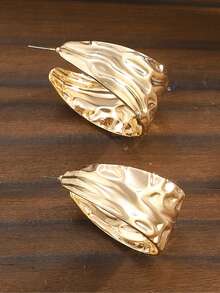 1 对时尚、优雅、复古、独特、高端设计不对称折痕 C 形金属耳环，适合女士 - 金色 - 查看 7