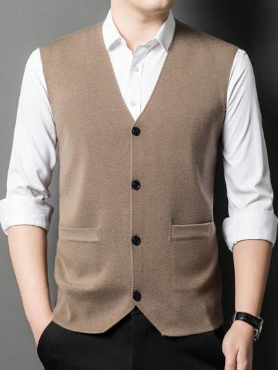 1pc Camel Color Men's Casual Thick Solid Color Open Cardigan Knit Sweater Vest, Autumn/Winter