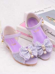 Children Princess High Heel Sandals Bowknot Sandals Purple Dress Shoes Glitter Girls Shoes