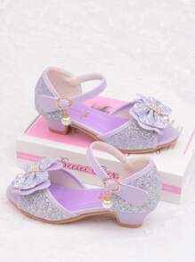 Children Princess High Heel Sandals Bowknot Sandals Purple Dress Shoes Glitter Girls Shoes