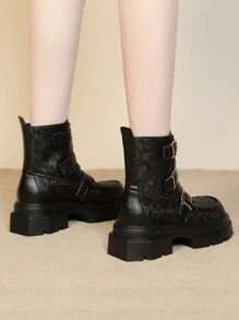 Retro Short Platform Women Ankle Boots Hook And Loop Closure Motorcycle Anti-Slip Boots - Black - View 3