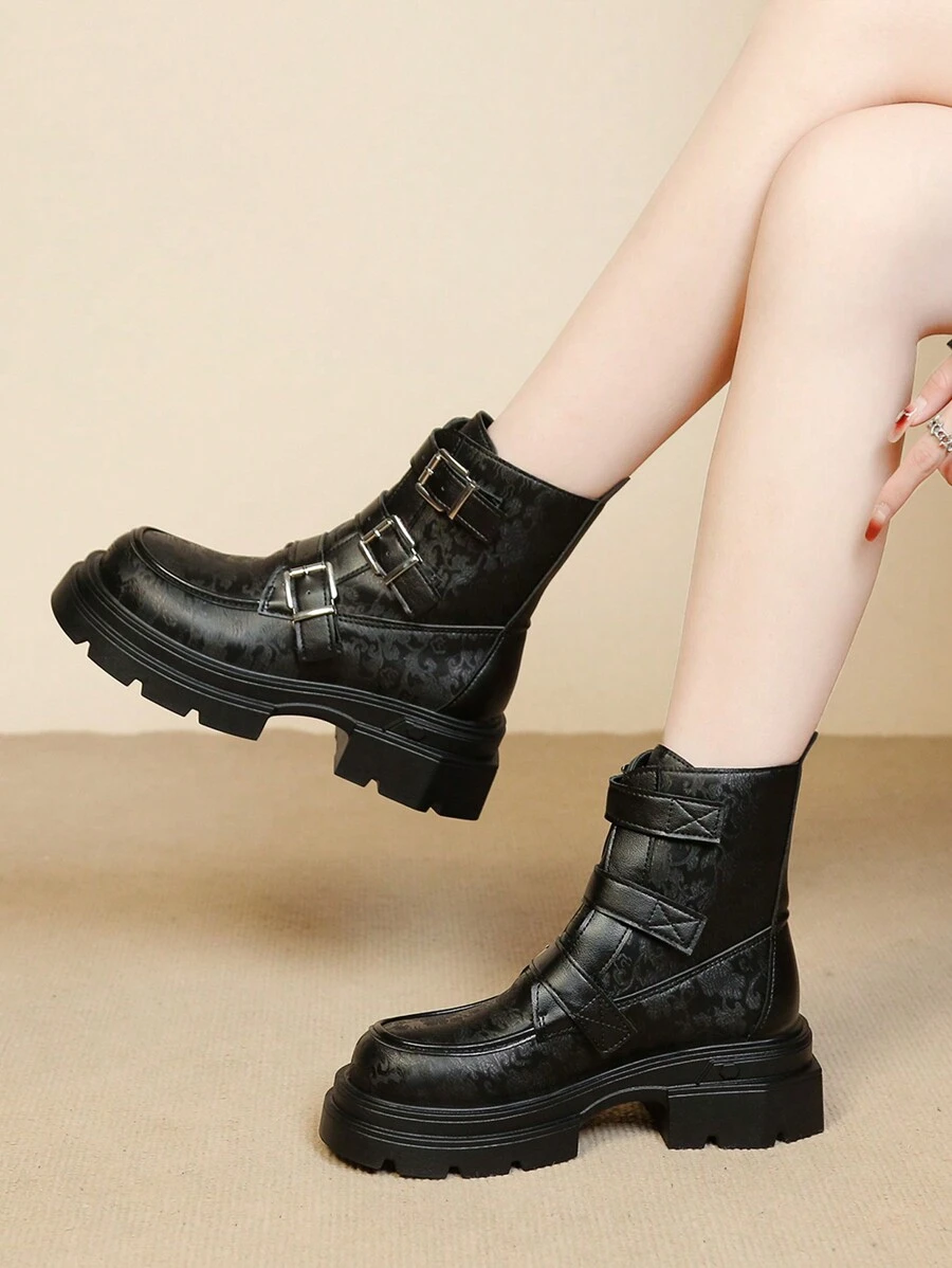 Retro Short Platform Women Ankle Boots Hook And Loop Closure Motorcycle Anti-Slip Boots - Black - View 1