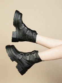 Retro Short Platform Women Ankle Boots Hook And Loop Closure Motorcycle Anti-Slip Boots - Black - View 7