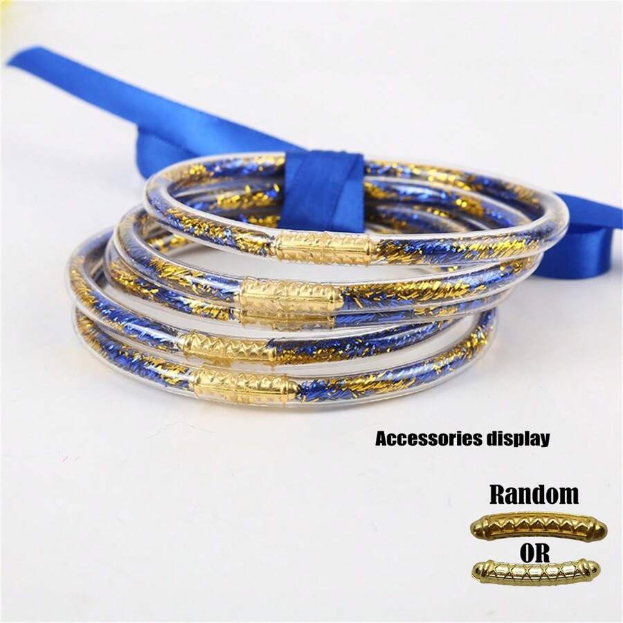 5 Stücke/Set Boho-Stil goldfarbenes Silikon mehrschichtiges Schleife Schleifenarmband Set für Damen, vielseitig gemischte Farben, geeignet für Strandparty-Outfits