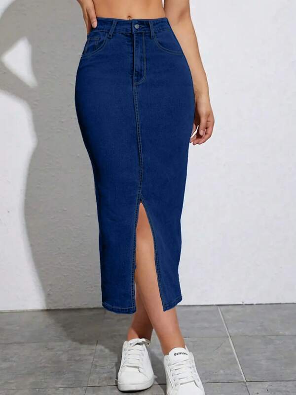 Modna damska spódnica rozciągliwa z kieszeniami i rozcięciem, dopasowana do połowy łydki, swobodna spódnica damska