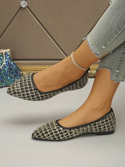 Women's Fabric Pointed Toe Flat Shoes, Golden Casual Style, Versatile Minimalist Slip-On Flats