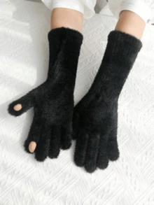 1 双女士优雅纯色触屏毛绒衬里保暖手套，适合秋冬季、露营徒步、户外运动、滑雪、骑自行车、冬季手套 - 彩色 - 查看 2