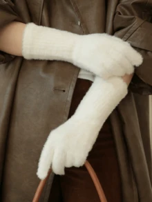 1 双女士优雅纯色触屏毛绒衬里保暖手套，适合秋冬季、露营徒步、户外运动、滑雪、骑自行车、冬季手套 - 彩色 - 查看 1