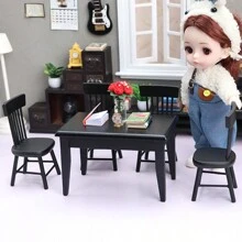 5pcs 1:12 Scale Dollhouse Furniture Miniatures Dining Table & Chairs Set, DIY Kitchen Accessories Kit In White, Black And Natural Wood Color, Wooden Craft Decor, Birthday Gift - Multicolor - View 10