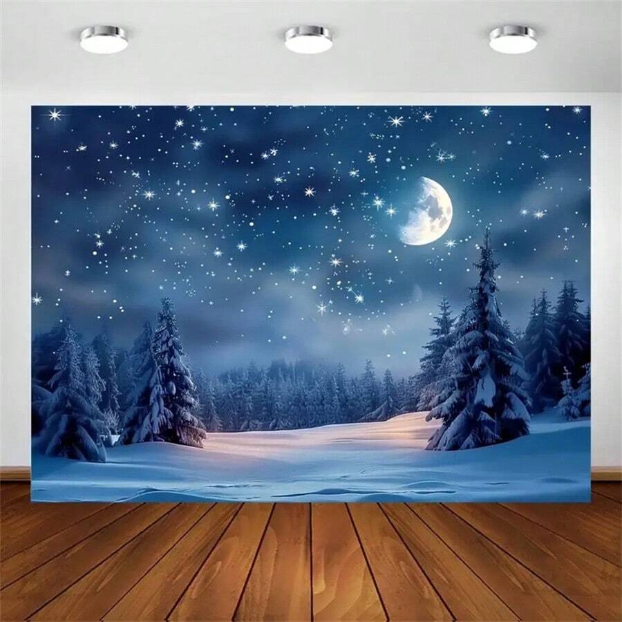 Escena de invierno nocturna: árboles de abeto cubiertos de nieve, cielo estrellado y luna brillante - perfecto para fotografía, fiestas y decoración del hogar