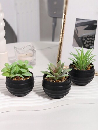3pcs/Set Faux Mini Succulents,Green Succulent,Black Flower Pot,PE Material,Artificial Plants,Faux Succulent,Desktop Decoration,Home Decoration,Garden Decoration,School Dormitory Office Decoration,Wedding Season,Gift,Spring/Summer Decoration,Outdoor Party Event Holiday Birthday Party Decoration,Hotel Restaurant Living Room Bedroom Wedding Banquet Kitchen Decoration,Green Decoration,Perennial Decoration Back To School Room Decor School Supplies
