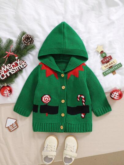 Baby Girls Christmas Style Knitwear Sweater, Long Sleeve, Hooded, Cardigan Design Cozy Winter Jacket For Baby