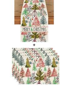 Watercolor Pine Tree Merry Christmas Linen Placemats And Table Runner Set, 12"X18" Placemats & 13"X72" Table Runner, Christmas Holiday Farmhouse Kitchen Dining Table Decor For Party, Gathering, Home - Multicolor - View 10