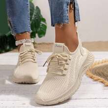 运动鞋 女士休闲系带厚底运动鞋 舒适步行鞋 女士时尚徒步鞋 - 杏色 - 查看 1