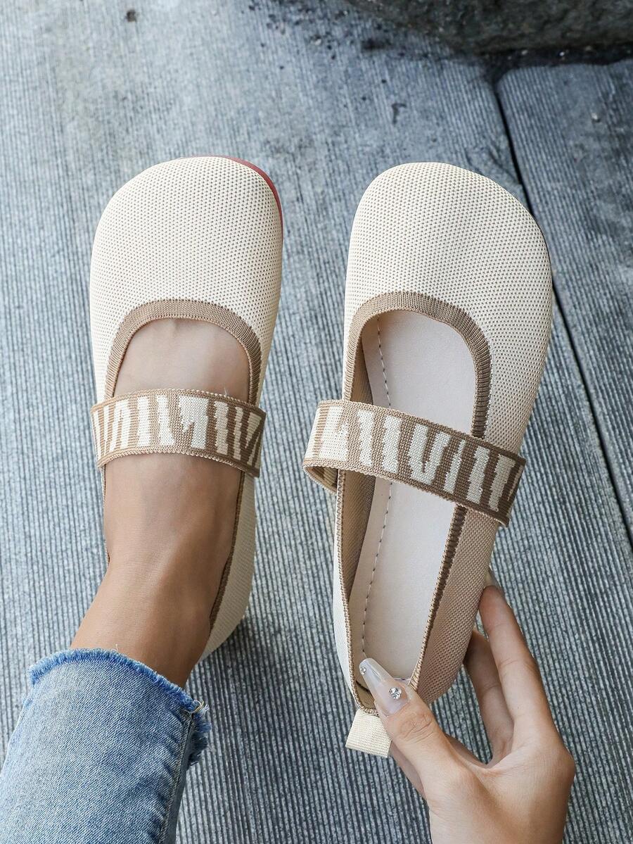 女士平底、低帮、针织、四季、软底、透气、圆头、双色、一脚蹬休闲鞋、户外妈妈鞋 - 杏色 - 查看 1