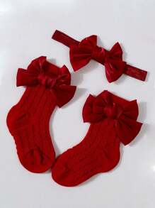 1pc Baby Bowknot Headband + 1 Pair Butterfly Mesh Socks, Baby Gift Set Love Valentine - Burgundy - View 2
