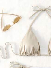 Women's Halter Neck Back Tied Bikini Top & Bottom Swimming Suit, For Summer Beach Vacation - Khaki - View 2