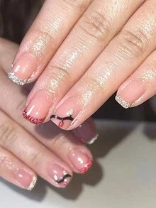 24 chiếc viền đỏ kiểu Pháp đơn giản và thời trang ngắn hiện đại, lấp lánh bạc kiểu Pháp, đèn màu kiểu Pháp ngọt ngào và dễ thương, bộ móng tay giả che phủ toàn bộ móng vuông tươi mới, thích hợp cho các buổi hẹn hò và tiệc tùng vào mùa thu đông của các cô gái và phụ nữ, thay đổi móng tay của bạn - Nhiều màu - Xem 1