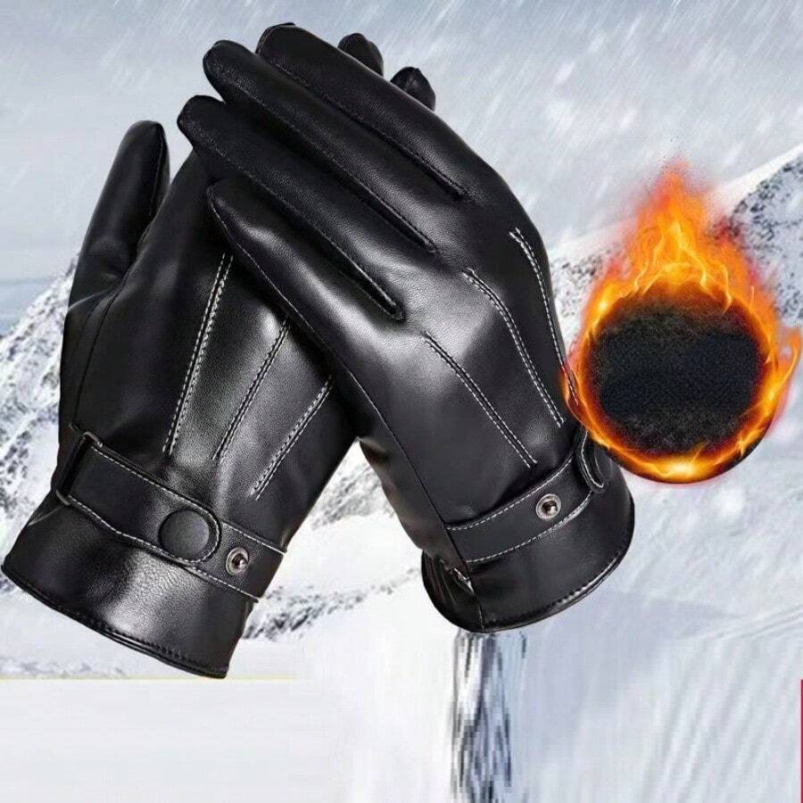 1 双冬季骑行皮手套保暖加厚女士触屏男士摩托车冬季手套加厚防风手套 - 黑色 - 查看 1