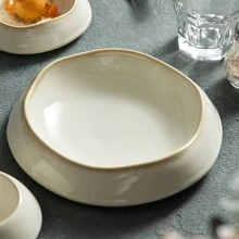 1pc Ceramic Dish, White Serving Bowl, Elegant Tableware For Dining, Modern Round Plate For Salads, Soups, Home & Restaurant Use