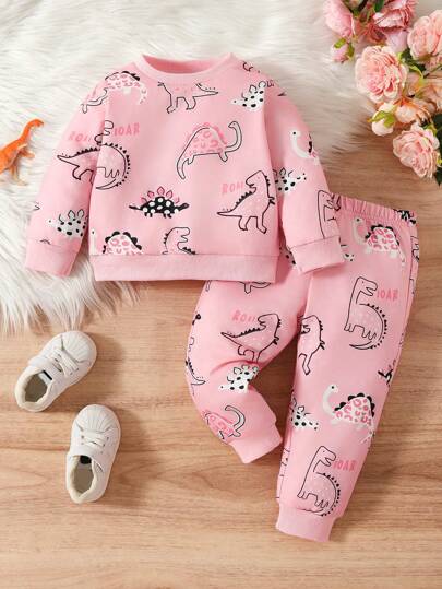 2st/set Baby Girl Tecknad Dinosauri Heltryck Rundhals Långärmad topp och långbyxor Casual kostym, rosa, vår/sommar